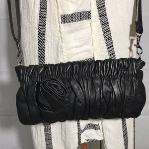 Waterlily Brand Black Leather Ruched Crossbody Clutch Convertible Bag